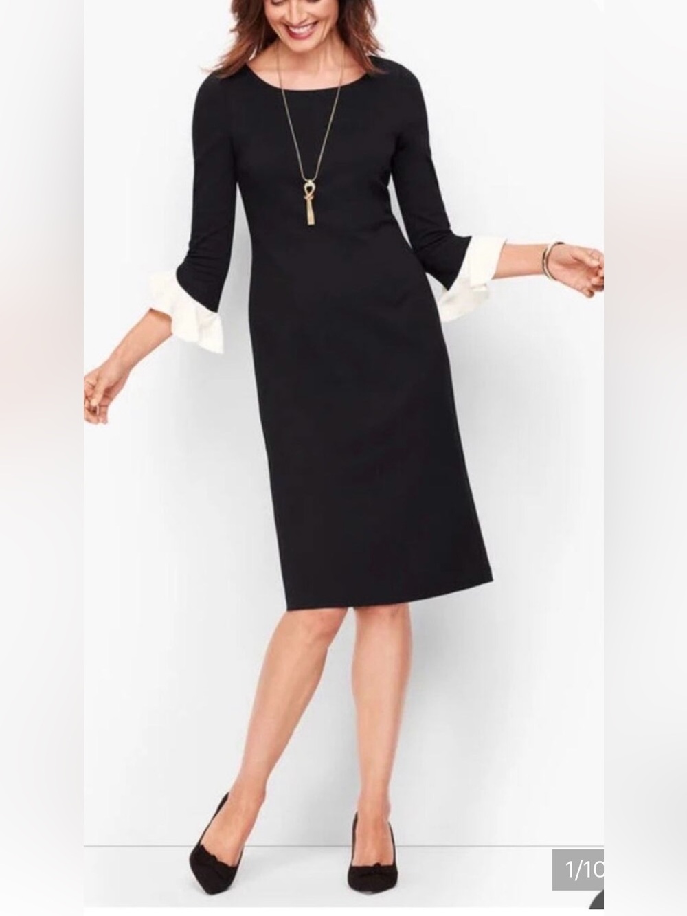 Talbots black midi dress with white ruffle cuffs